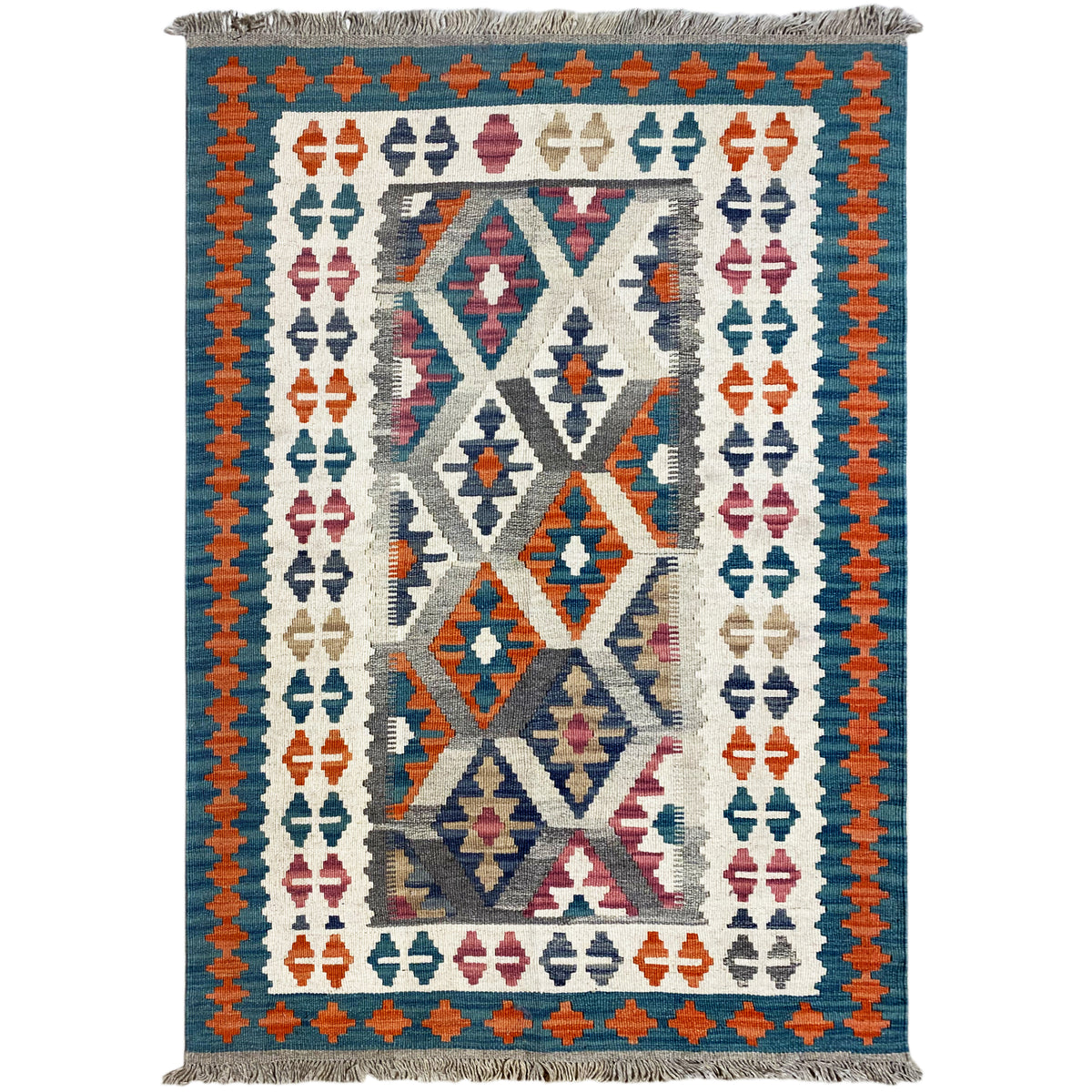 Kilim rug with large diamonds and column symbols, orange border, fringe