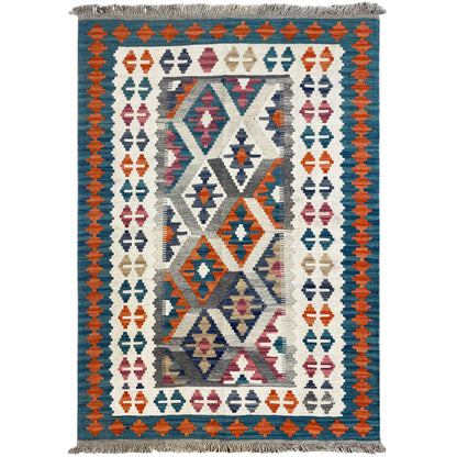Kilim rug with large diamonds and column symbols, orange border, fringe