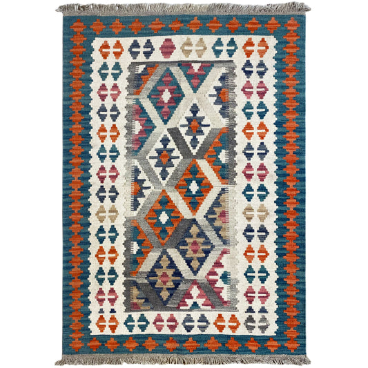 Kilim rug with large diamonds and column symbols, orange border, fringe