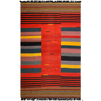 Kelim-Teppich 150x240 cm mit geometrischem Linienmuster in Rot, Grau und Gelb