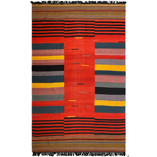 Kelim-Teppich 150x240 cm mit geometrischem Linienmuster in Rot, Grau und Gelb