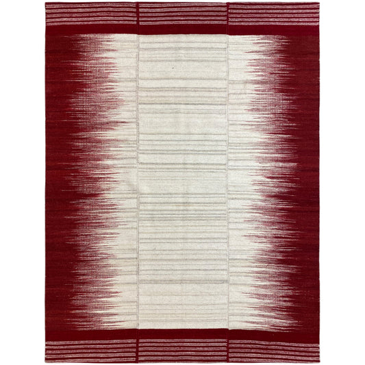 Kelim-Teppich 170x240 cm mit weißem Mittelstreifen und weinroten Seitenfeldern