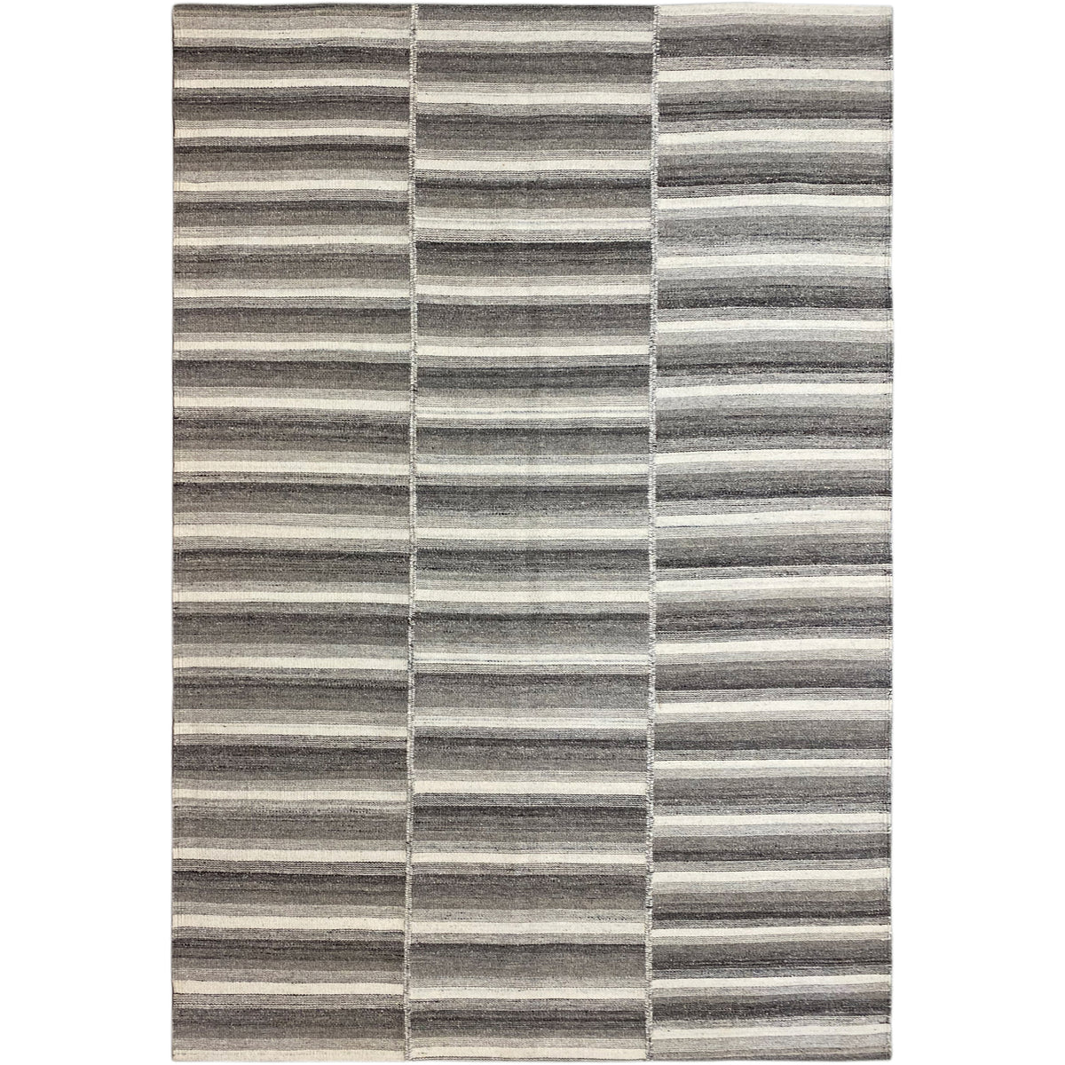 Kelim Teppich mit gestreiftem Muster in Grau, Beige und Weiß, rechteckig
