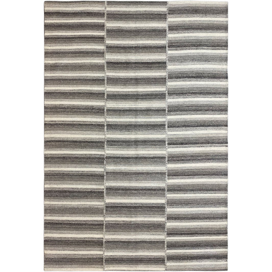 Kelim Teppich mit gestreiftem Muster in Grau, Beige und Weiß, rechteckig