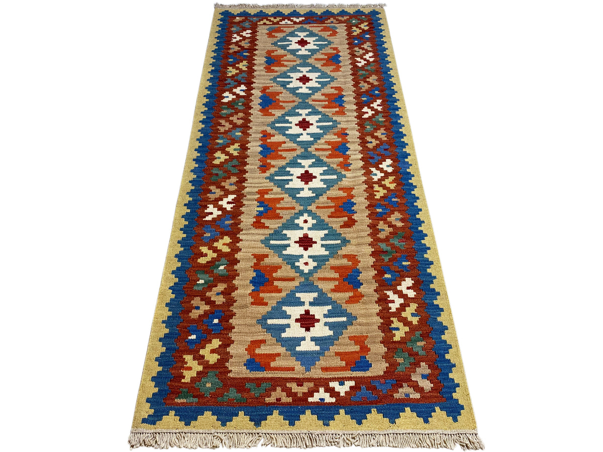 Kilim rug with turquoise and reddish-brown zigzag and diamond patterns