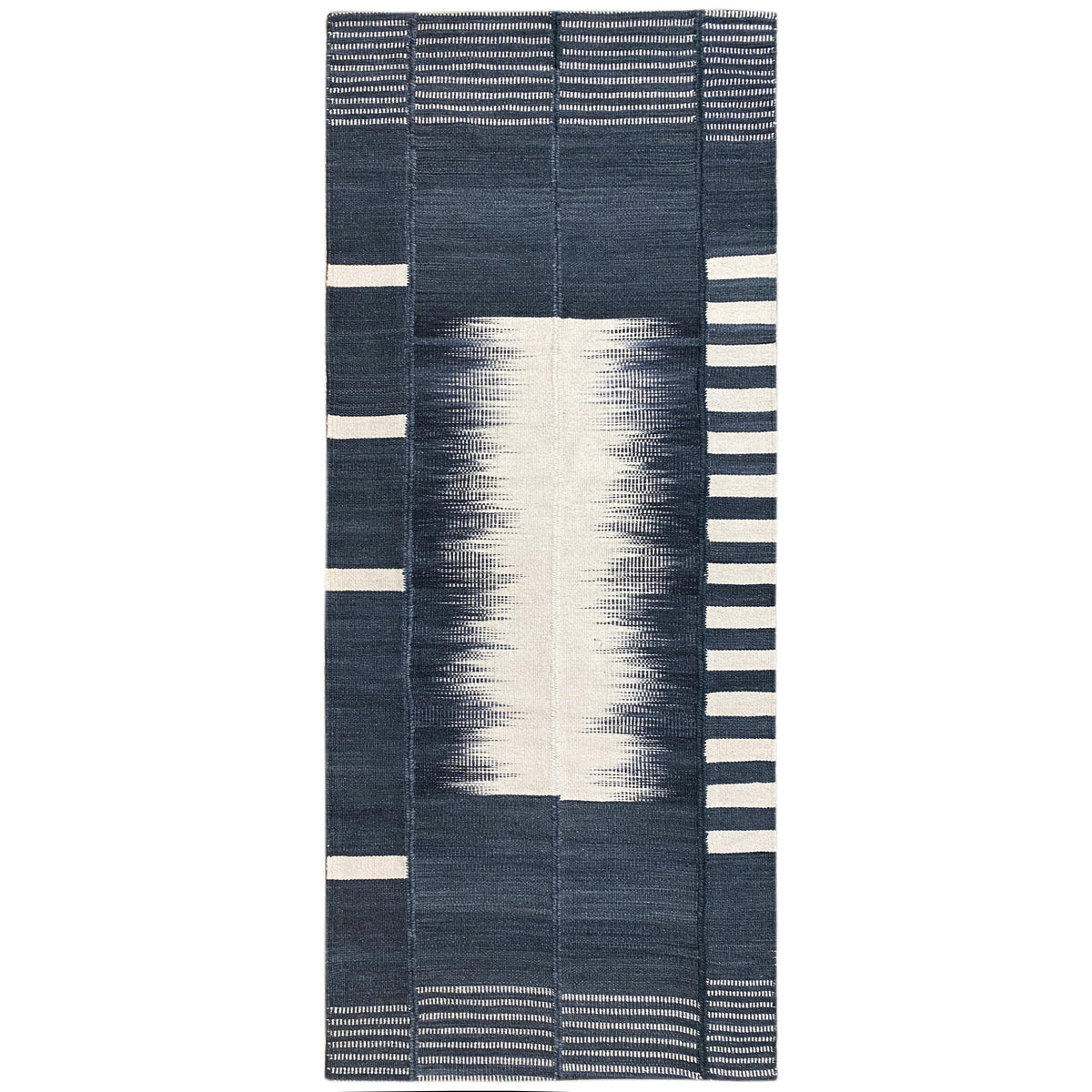 Kelim-Teppich in Dunkelblau mit beigen Streifen und gemustertem Mittelpanel, ca. 200x80 cm