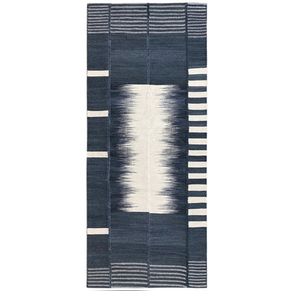 Kelim-Teppich in Dunkelblau mit beigen Streifen und gemustertem Mittelpanel, ca. 200x80 cm