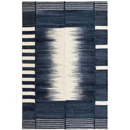 Kilim rug 150x100 cm, dark blue with a light central stripe and block pattern