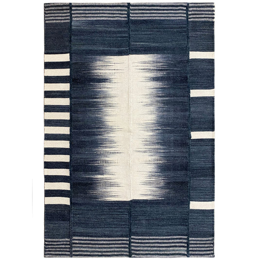 Kilim rug 150x100 cm, dark blue with a light central stripe and block pattern