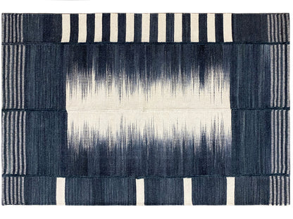 Kelim rug 150x100 cm with a light central stripe and dark blue striped borders