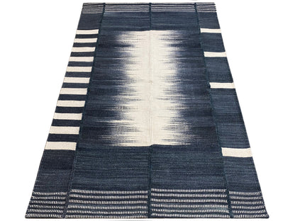 Kilim rug 150x100 cm, dark blue with white-beige stripes in the border
