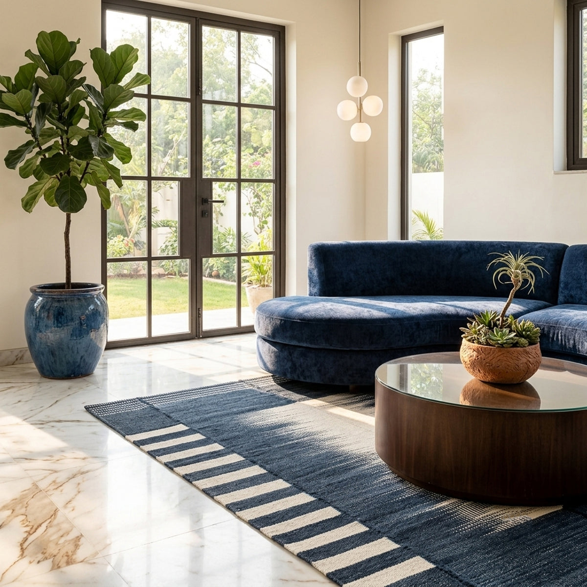 Flatweave rug 150x100 cm on the floor: dark blue with a light striped pattern
