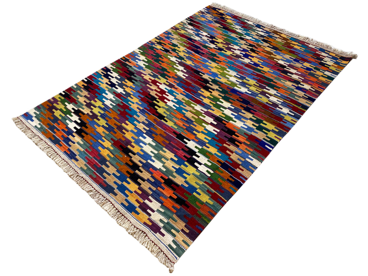 Kelim Qashqai rug, rectangular, multicolored patchwork pattern, fringes along the edge