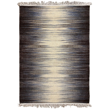 Kelim-Teppich mit gestreiftem Muster in Dunkelbraun, Beige und hellem Grau, mit Fransen