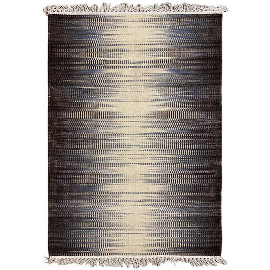 Kelim-Teppich mit gestreiftem Muster in Dunkelbraun, Beige und hellem Grau, mit Fransen