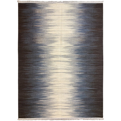 Kelim-Teppich (170x240 cm) dunkelgrau mit beigen Streifen und Fransen