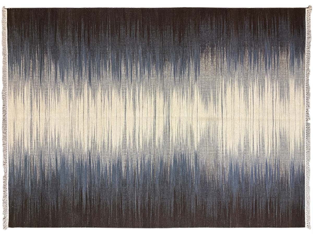 Kelim-Teppich (170x240 cm) rechteckig: Blau-Grau mit beigen Streifen, Fransen am Rand