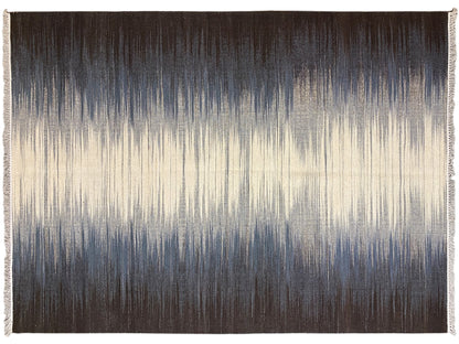 Kelim-Teppich (170x240 cm) rechteckig: Blau-Grau mit beigen Streifen, Fransen am Rand