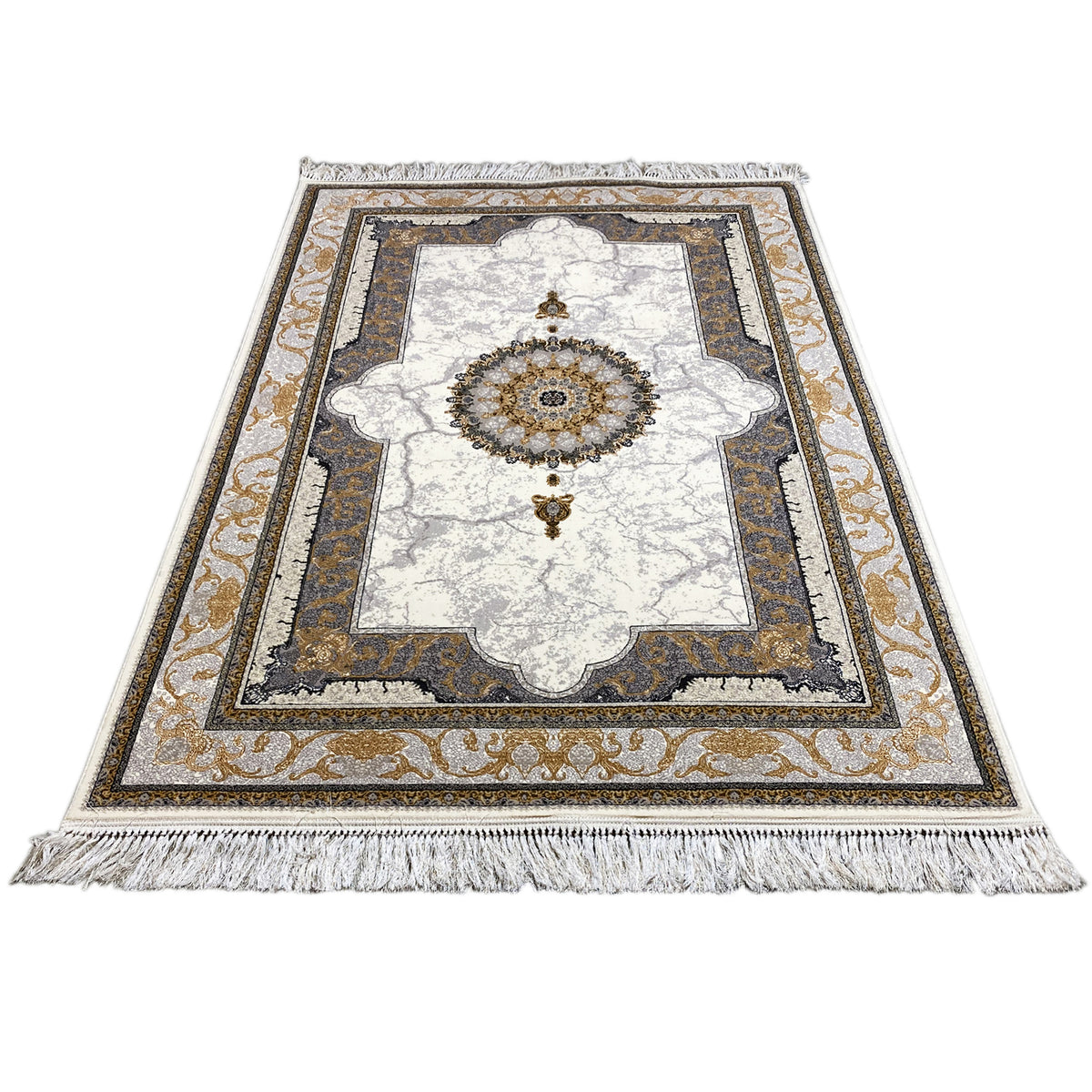 Ornamental rug with a central round medallion, beige background, and fringes on both ends.