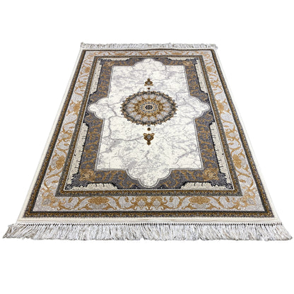 Ornamental rug with a central round medallion, beige background, and fringes on both ends.