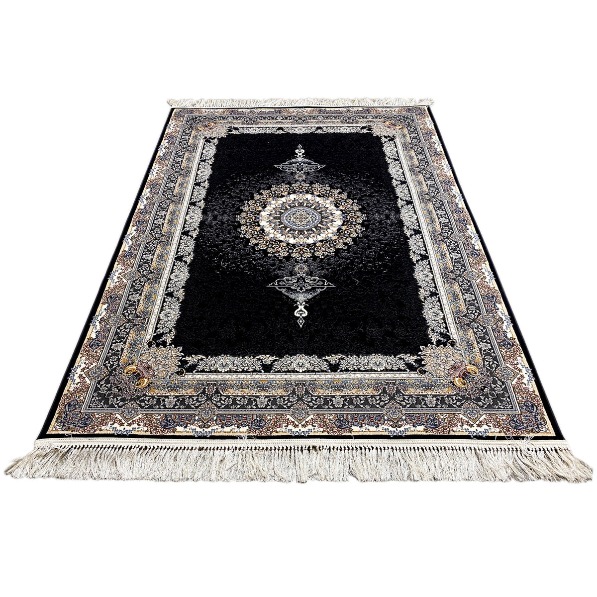 Black rectangular rug with a medallion, decorative cross motifs, and fringes along the edges