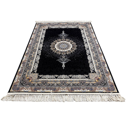 Black rectangular rug with a medallion, decorative cross motifs, and fringes along the edges