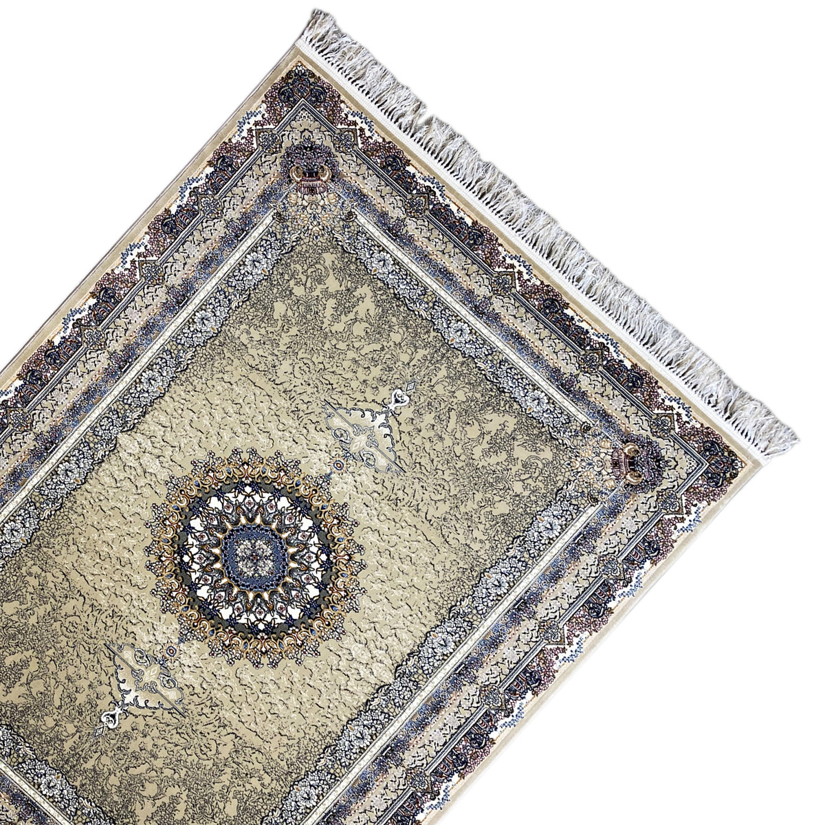 Medallion rug 160x230 in three-quarter view: beige pattern, outlined in blue