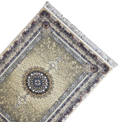 Medallion rug 160x230 in three-quarter view: beige pattern, outlined in blue