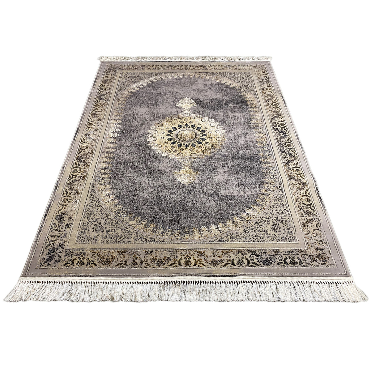 Rug with central medallion, mottled gray, ornate border, fringes
