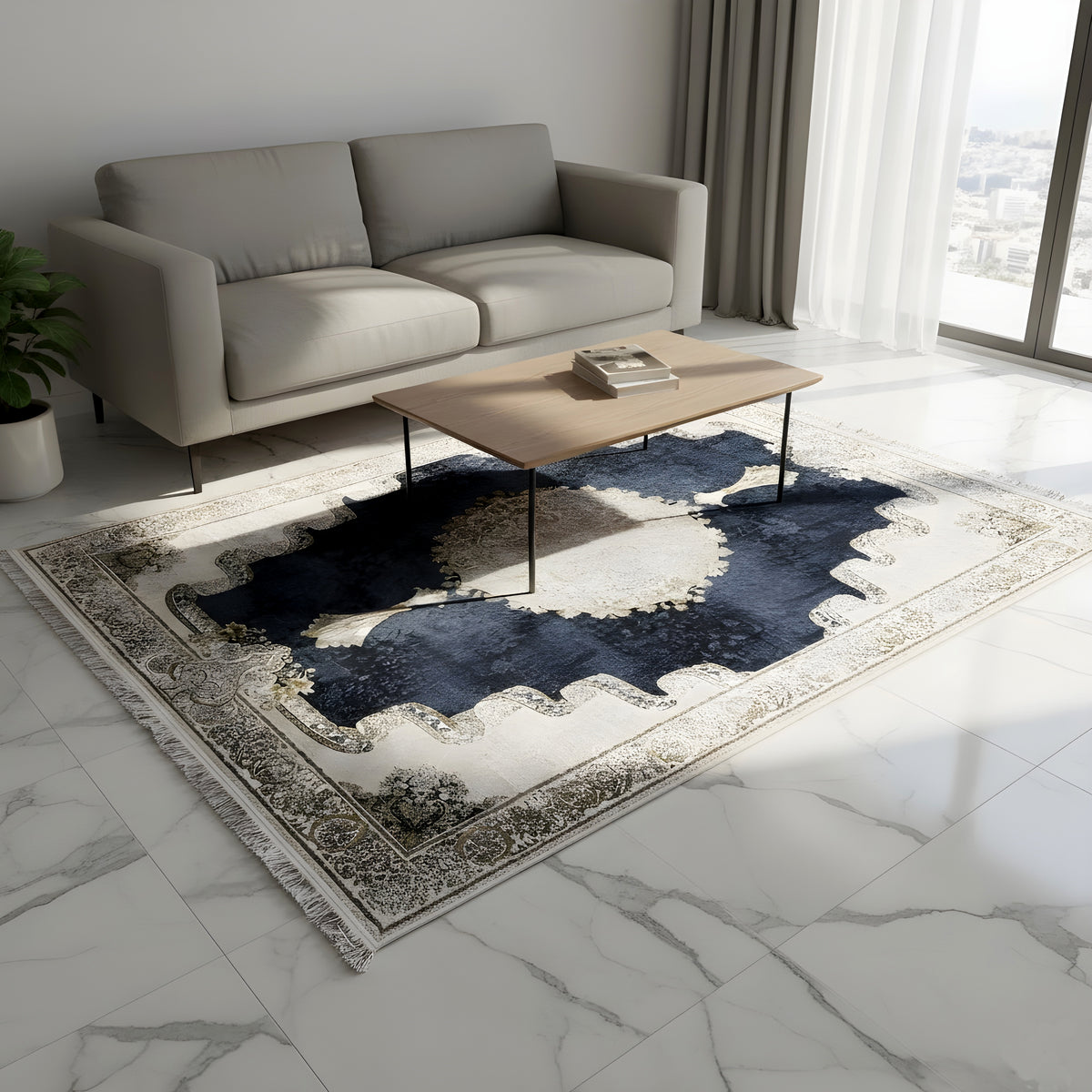 Rectangular rug with a dark blue pattern, cream-colored accents, and a gold border