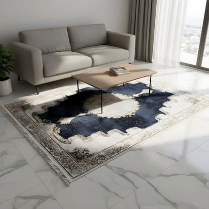 Rectangular rug with a dark blue pattern, cream-colored accents, and a gold border