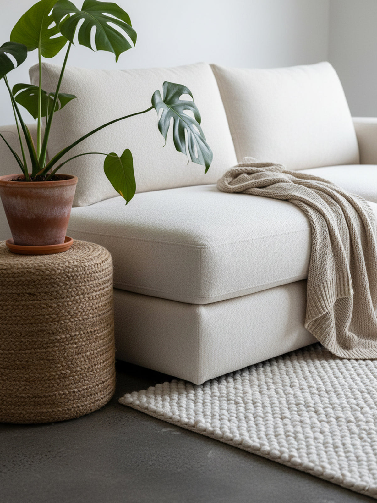 Rectangular cream-white loop-pile rug, flat-woven surface