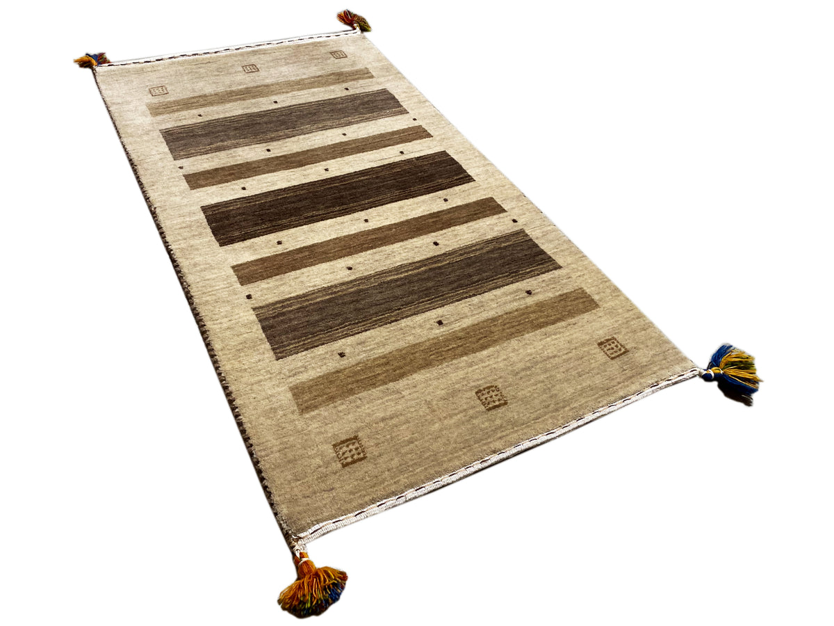 Gabbeh rug 120×68 cm, beige design with dark horizontal stripes and colorful fringes
