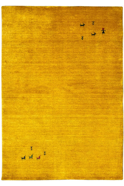 Gabbeh rug, yellow, rectangular, with small animal and plant motifs