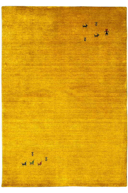Gabbeh rug, yellow, rectangular, with small animal and plant motifs