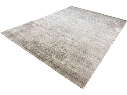 Gray designer rug with a large-scale line and ornamental pattern, rectangular