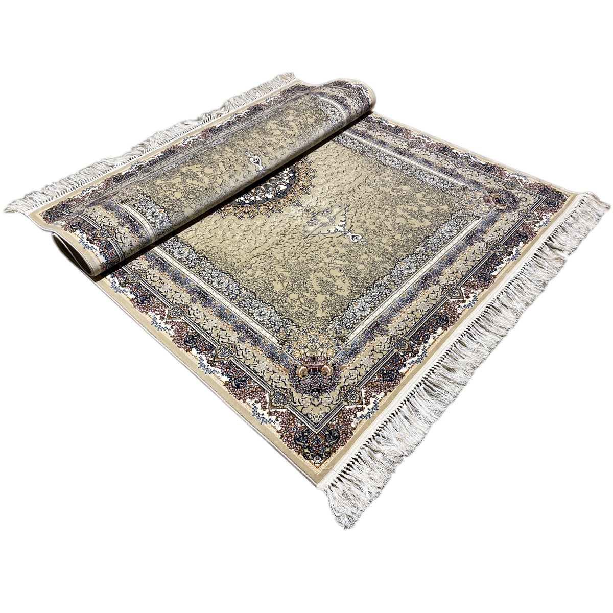 Medallion rug 160x230 with rolled-up layer, beige background, blue border ornament