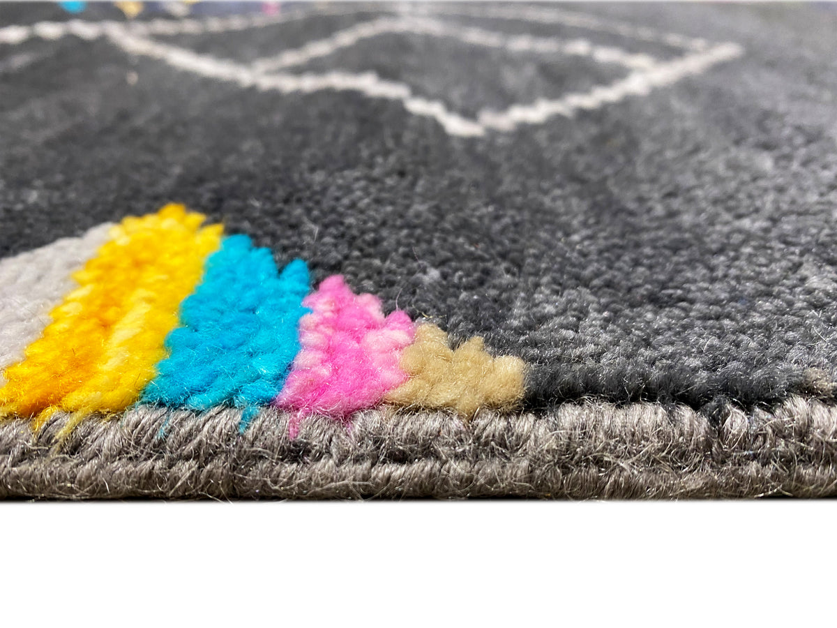 Close-up: Black carpet with colorful pompom elements in the pile