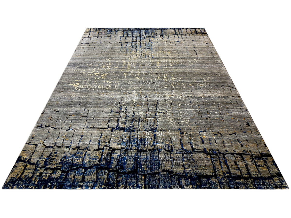 Hand-knotted rug, rectangular, gray-beige abstract design with dark blue lines