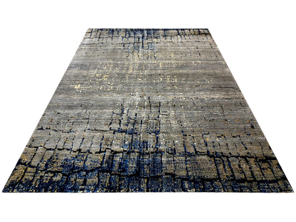 Hand-knotted rug, rectangular, gray-beige abstract design with dark blue lines