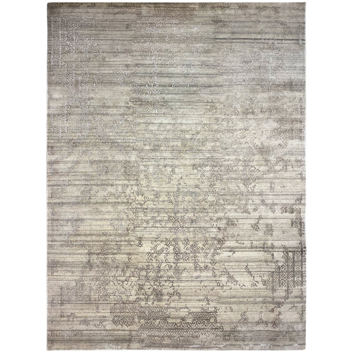 Gray designer rug with printed ornaments and a narrow border trim