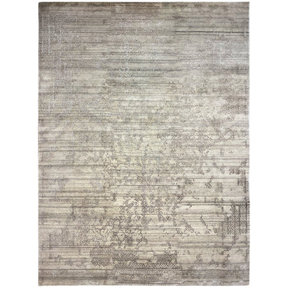 Gray designer rug with printed ornaments and a narrow border trim