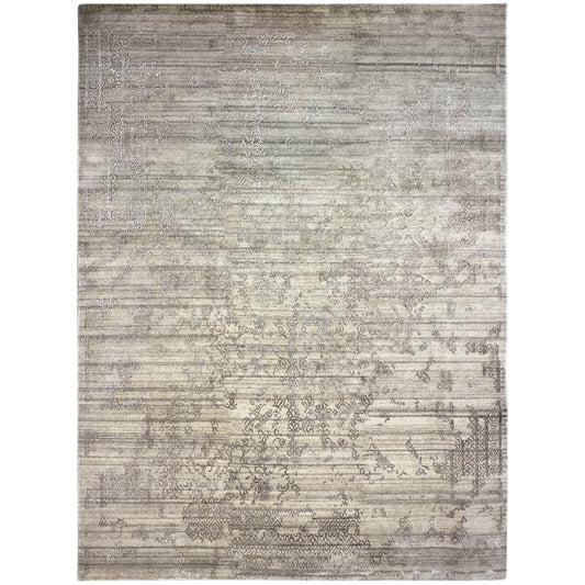 Gray designer rug with printed ornaments and a narrow border trim