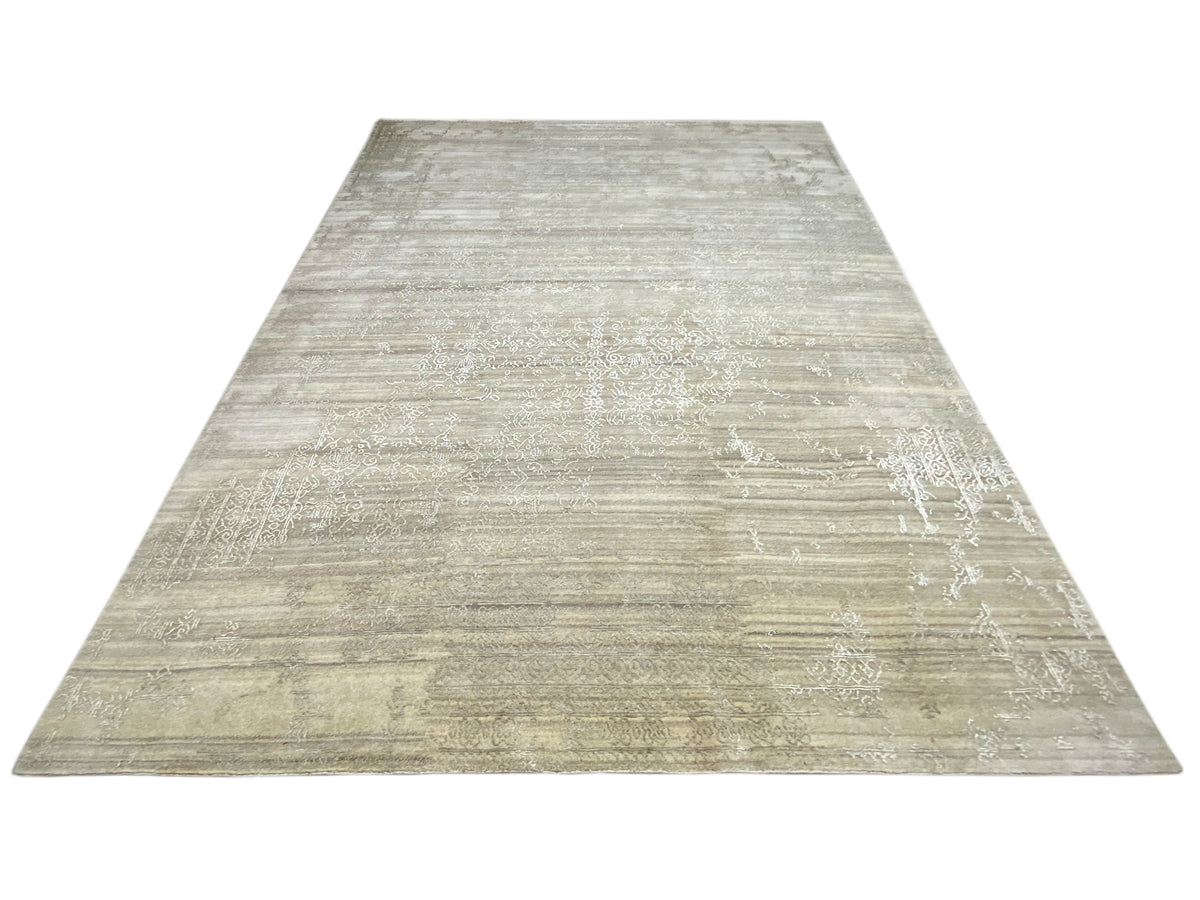 Beige designer rug in a large format with a horizontal linear texture pattern