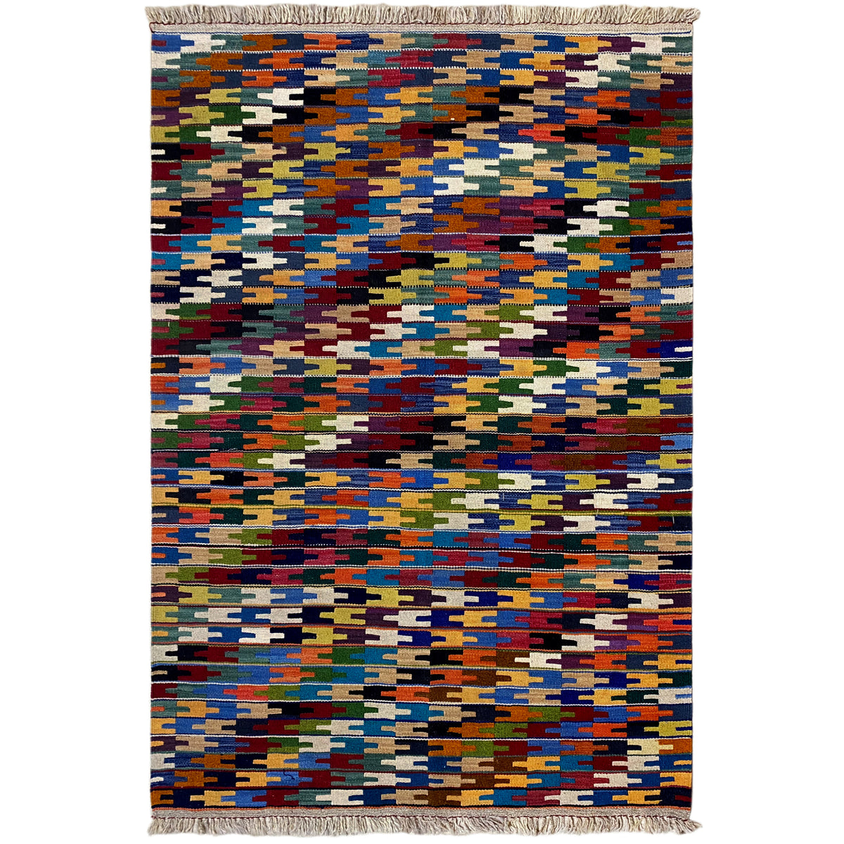 Kelim Qashqai rug with a geometric mix of colors and fringes along the top and bottom edges