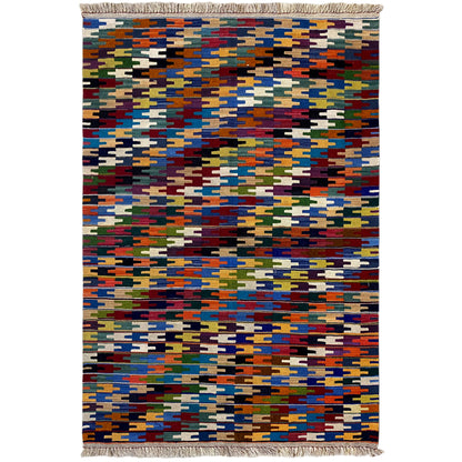 Kelim Qashqai rug with a geometric mix of colors and fringes along the top and bottom edges