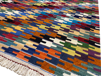 Rug border with colorful geometric patterns and dense fringe