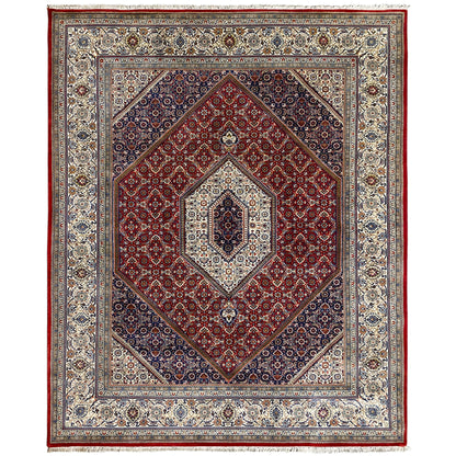 Bidjar rug with a red medallion and blue-and-white ornaments in the border frame