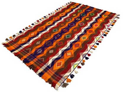 Jute rug 237x150 cm diagonal, colorful zigzag and diamond lines with fringes