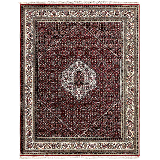 Bidjar rug (241x175 cm) lying flat: reddish-brown diamond pattern with cream border